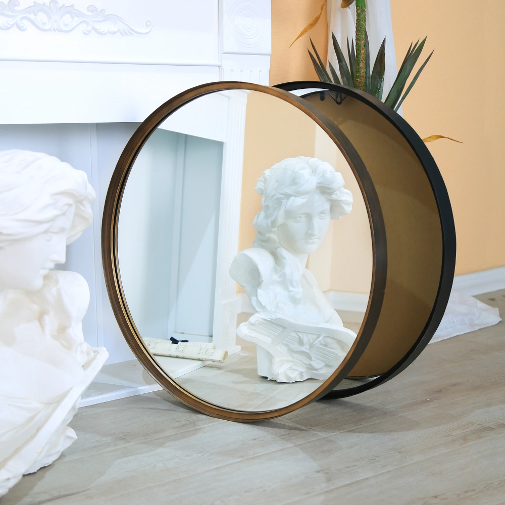Wall Mount Circle Decorative Wall Mirror Bath Vanity Accent Black Metal Frame Round Mirror PL08-38316 Featured Image