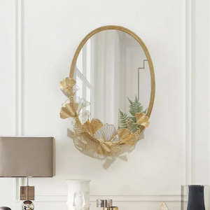 Luxury Glam Oval Wall Mirror 3D Leaves in Gold Metal Frame PL08-385669