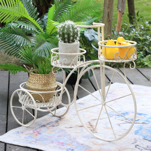 Antique Distressed White Metal Flower Wrought Iron Garden Planter Bicycle Tricycle Plant Pot Stand Holder PL08-7836