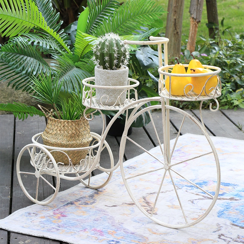 Antique Distressed White Metal Flower Wrought Iron Garden Planter Bicycle Tricycle Plant Pot Stand Holder PL08-7836 Featured Image