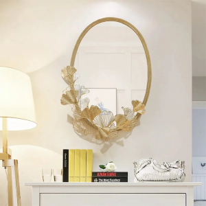 Luxury Glam Oval Wall Mirror 3D Leaves in Gold Metal Frame PL08-385669