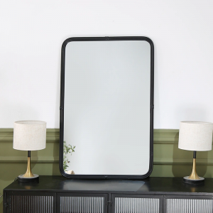 Large Black Metal Frame Rectangular Round Corner Vanity Makeup Baber Decorative Wall Mirror PL08-50003