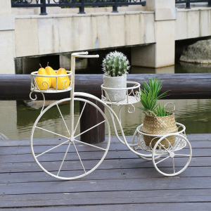 Antique Distressed White Metal Flower Wrought Iron Garden Planter Bicycle Tricycle Plant Pot Stand Holder PL08-7836