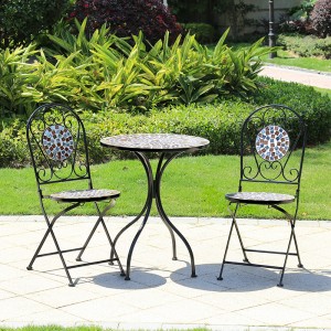 3-Piece Mosaic Bistro Set Outdoor Metal Dining Furniture for Garden Table And Folding Chair Set p...