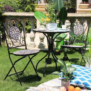 3-Piece Mosaic Bistro Set Outdoor Metal Dining Funiture for Garden Table And Folding Chair Set pa...