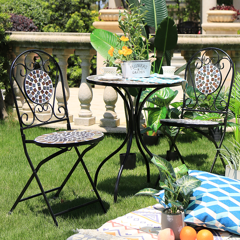 3-Piece Mosaic Bistro Set Outdoor Metal Dining Funiture for Garden Table And Folding Chair Set patio Balcony Yard 1170