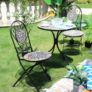3-Piece Mosaic Bistro Set Outdoor Metal Dining Funiture for Garden Table And Folding Chair Set patio Balcony Yard 1170