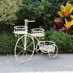 Antique Distressed White Metal Flower Wrought Iron Garden Planter Bicycle Tricycle Plant Pot Stand Holder PL08-7836