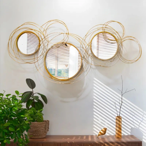 Modern Luxury Large Gold Round Wall Mirror Creative 3D Overlapping 4 Rings Circle Metal Decor Wall Mirror  PL08-500669