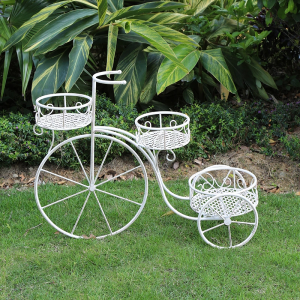 Antique Distressed White Metal Flower Wrought Iron Garden Planter Bicycle Tricycle Plant Pot Stand Holder PL08-7836