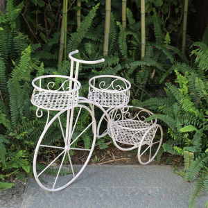 Antique Distressed White Metal Flower Wrought Iron Garden Planter Bicycle Tricycle Plant Pot Stand Holder PL08-7836
