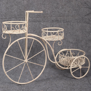 Antique Distressed White Metal Flower Wrought Iron Garden Planter Bicycle Tricycle Plant Pot Stand Holder PL08-7836