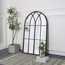 Large Black Windowpane Arch Mirror Antique Metal Framed Patio Garden Wall Mirror for Home Decor PL08-38658