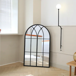 Large Black Windowpane Arch Mirror Antique Metal Framed Patio Garden Wall Mirror for Home Decor PL08-38658