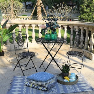 Antique Balcony Metal Folding Patio Chair and Table Set 2 Foldable Chairs Round Table for Porch G...