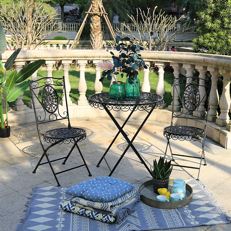 Antique Balcony Metal Folding Patio Chair and Table Set 2 Foldable Chairs Round Table for Porch Garden Black 6804 Featured Image