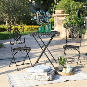 Antique Balcony Metal Folding Patio Chair and Table Set 2 Foldable Chairs Round Table for Porch Garden Black 6804