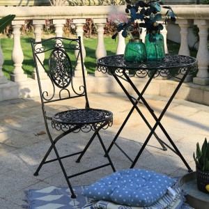 Antique Balcony Metal Folding Patio Chair and Table Set 2 Foldable Chairs Round Table for Porch Garden Black 6804