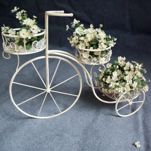 Antique White Iron Flower Display Rack Bicycle Plant Pot Stand 7836