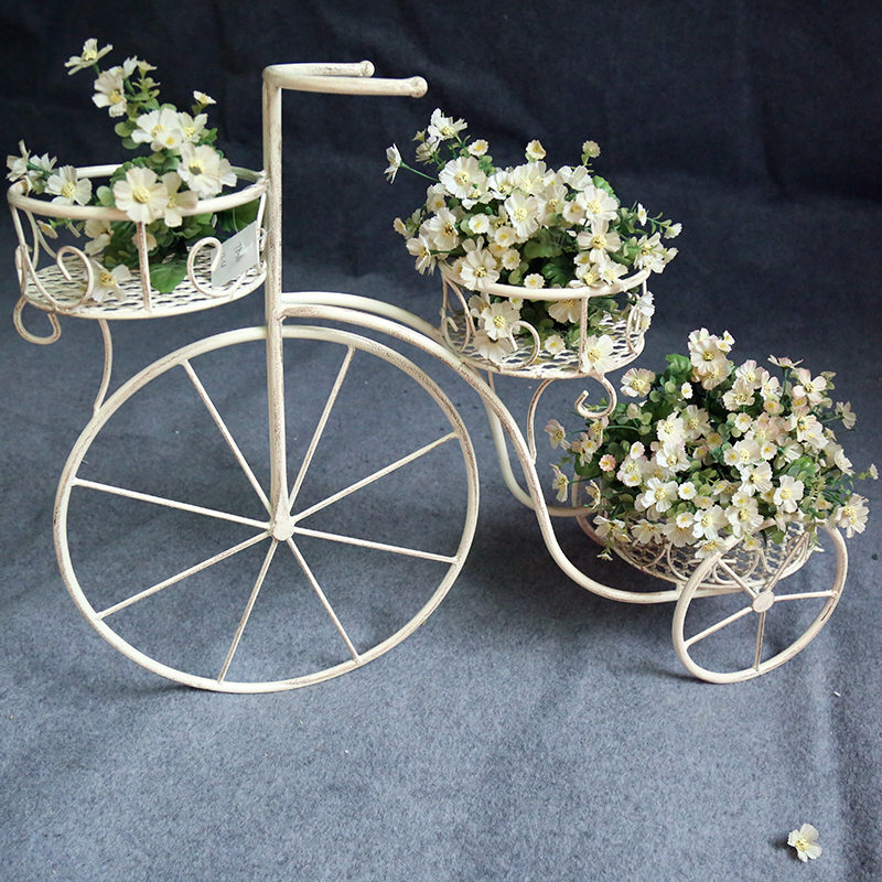 Antique White Iron Flower Display Rack Bicycle Plant Pot Stand 7836_01