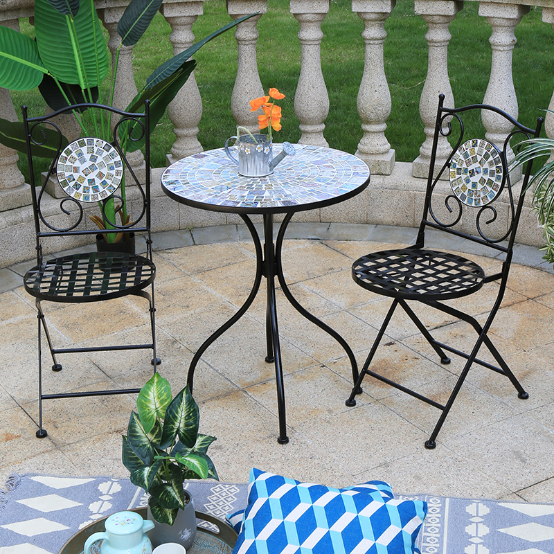 Hand Made Folding Wrought Iron Mosaic Stone Dining Bistro Set of 3 Outdoor Garden Furniture 7475 7476 Featured Image