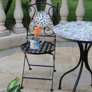 Hand Made Folding Wrought Iron Mosaic Stone Dining Bistro Set of 3 Outdoor Garden Furniture 7475 7476