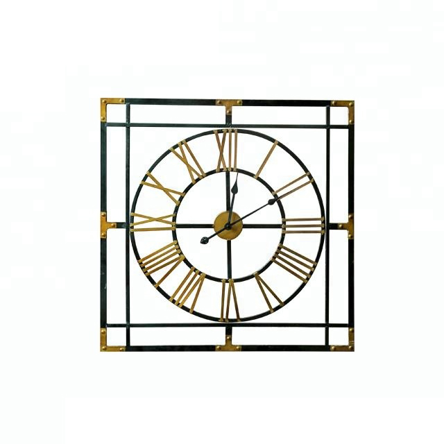 Square Wall Clock Retro Vintage Design Black Gold drawing Clock Metal Decorative Battery Style