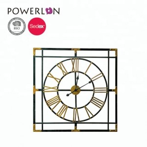 Hot Sale Square Wall Clock Retro Design Black Gold drawing Clock Metal Decorative 35470