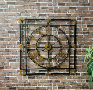 Hot Sale Square Wall Clock Retro Design Black Gold drawing Clock Metal Decorative 35470